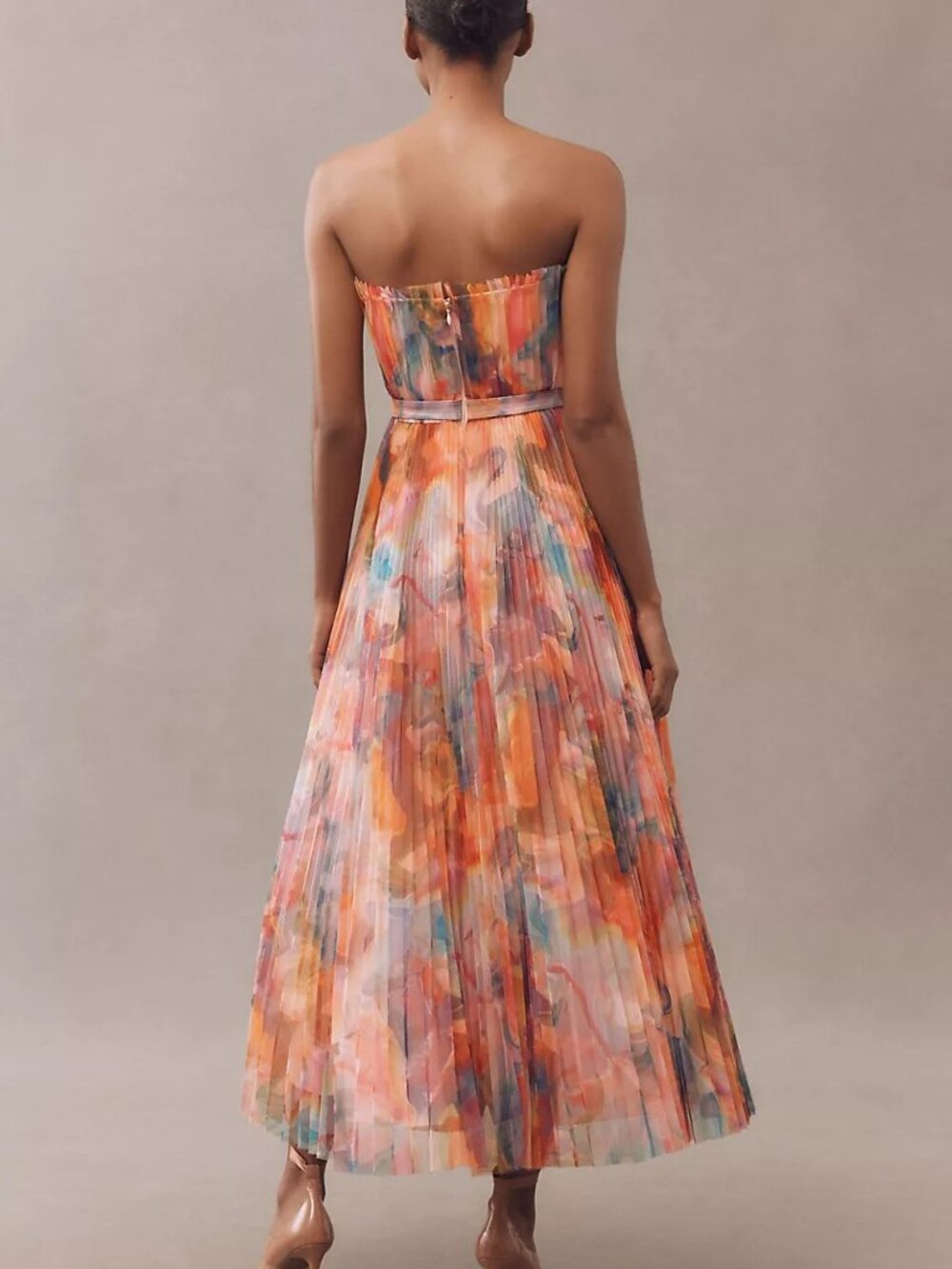 Anthropologie - Strapless Belted Chiffon Floral Micropleated  Dress - Size 10 - Picture 3 of 3